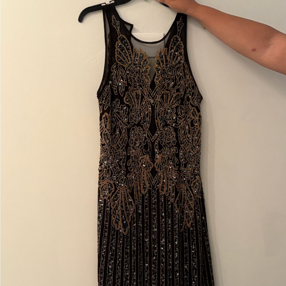 Aidan Mattox Black and Gold Midi Dress